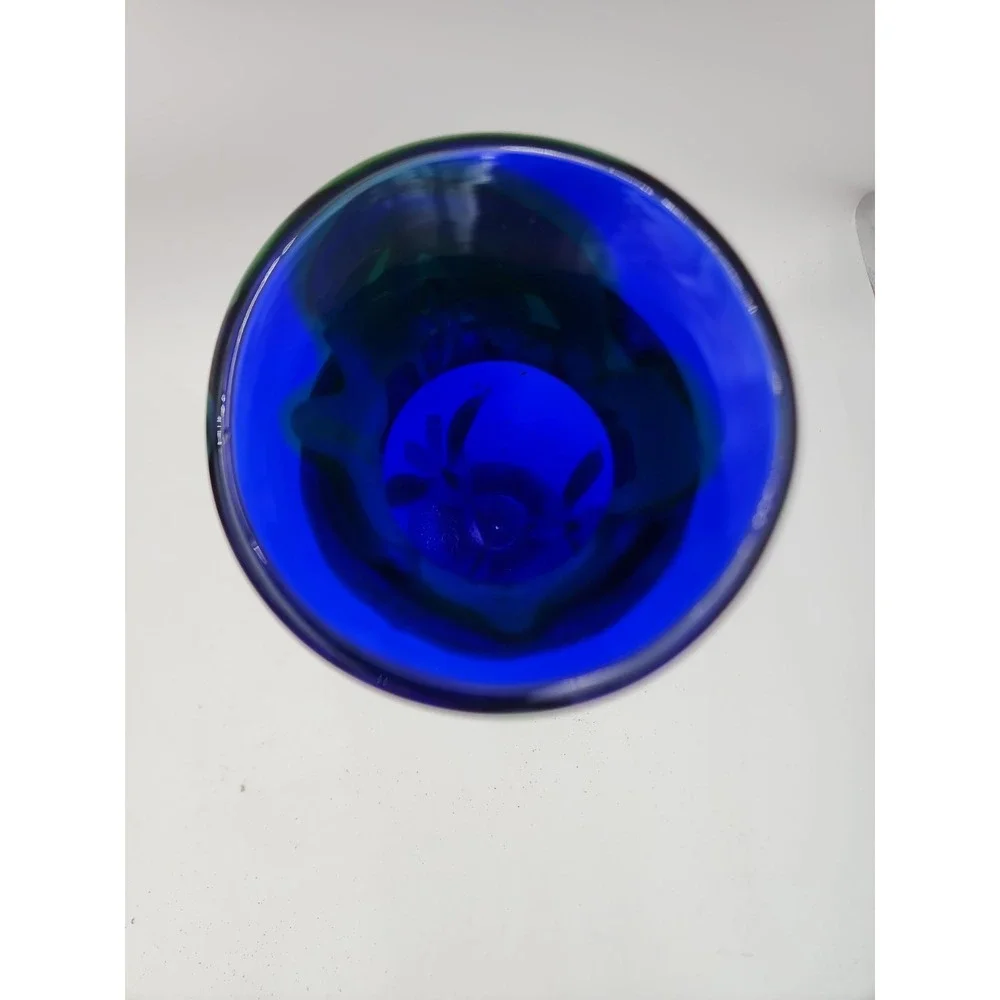 Art Glass Vase Cobalt Blue With White Flower 10